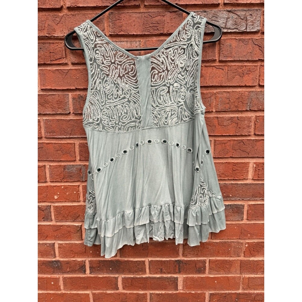 POL Babydoll Sleeveless Green Distressed Tunic-Crochet-small BOHO-Hi Lo - Picture 2 of 8